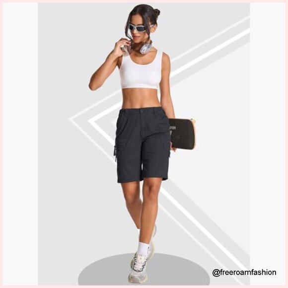 Women's Cargo Shorts Lightweight Cotton Hiking Active Elastic Waist - Picture 3 of 6